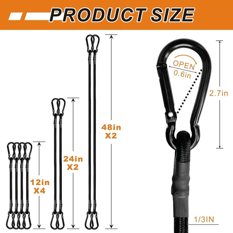 BEXSLE Bungee Cords with Carabiner Hooks Heavy Duty, Outdoor Black Bungee Straps, Strong Industrial Grade Elastic Bungee Rope for Securing Tarps, Luggage, Tents，Bikes, 12in + 24in + 48in，8pcs - Image 5